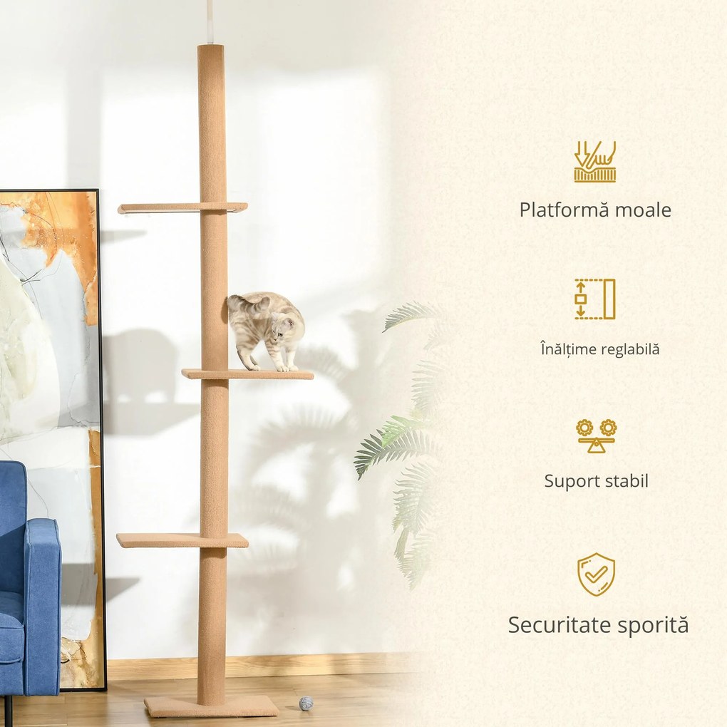PawHut Coloană de Zgâriat Reglabilă pe 4 Nivele, Tapițată, 43x27x228-260cm, Gri | Aosom Romania