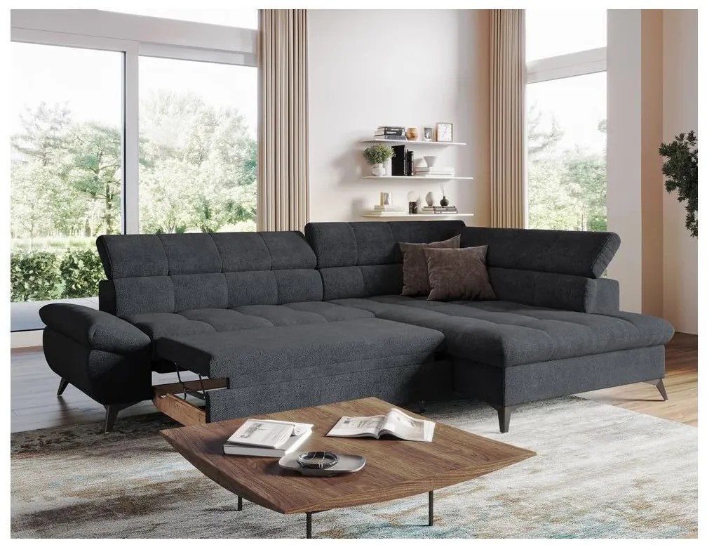 Canapea colțar extensibilă în L MARANO, dreapta, neagră