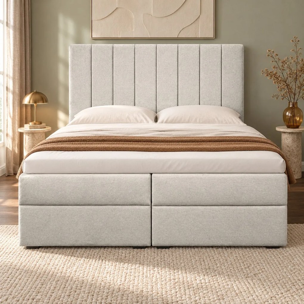 Pat boxspring din catifea Novella cu ladă 140×200 cm, crem