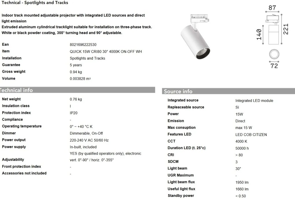 Spot directionabil pentru sina Link QUICK 15W CRI80 30 grade 4000K ON-OFF WH