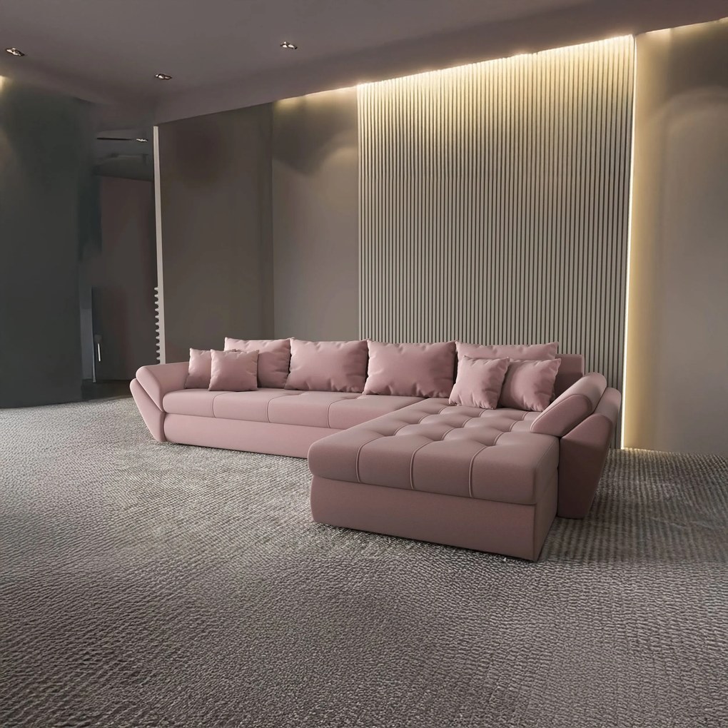 Colțar extensibil dumonde cu ladă de depozitare si sezut confortabil din spuma high-density, Loana XL Royal Roz II 335x185 cm