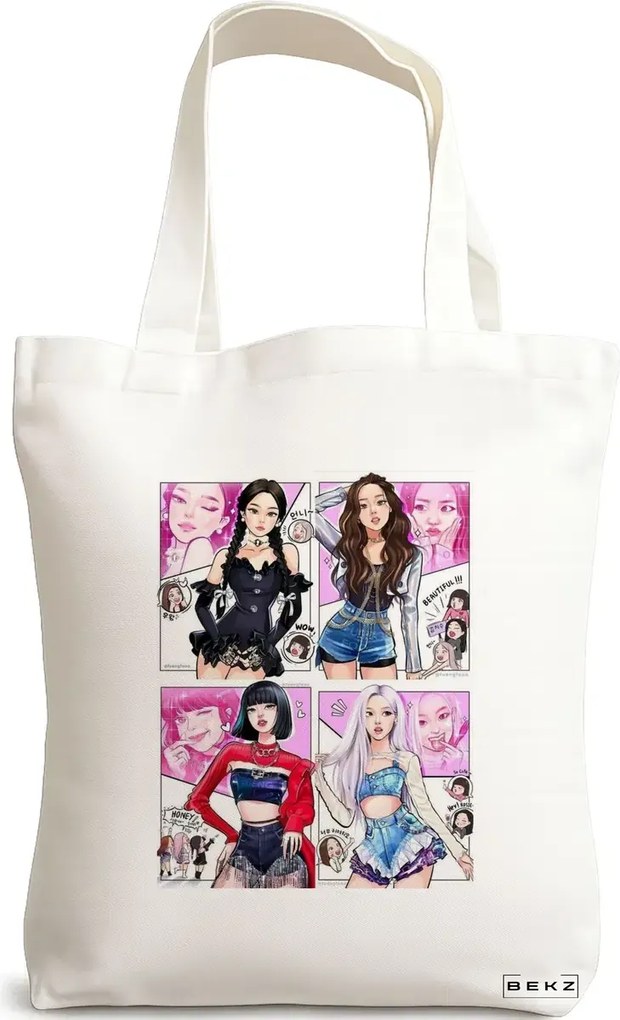 Sacosa de Panza pentru Cumparaturi, Geanta Tote, model Blackpink 7, 38x34.5 cm, Alba, BEKZ®