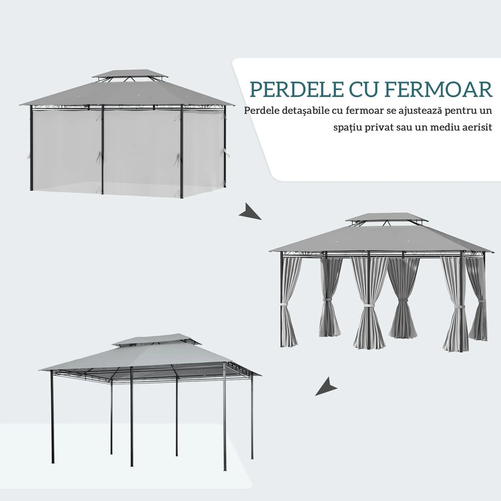 Outsunny Gazebo 4x3 m cu 6 Perdele și Acoperiș cu 2 Niveluri, din Oțel și Poliester, Gri Închis | Aosom Romania