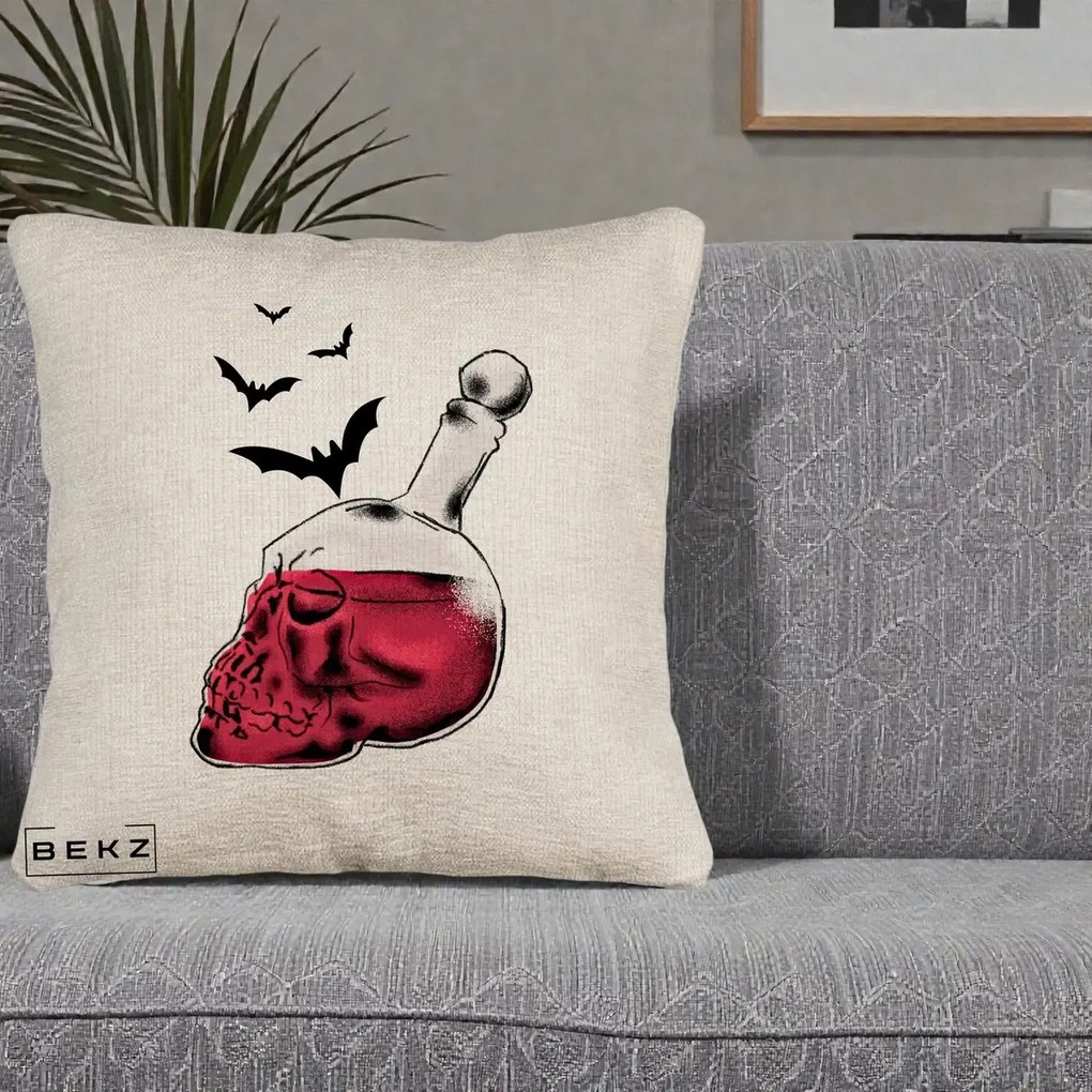 Perna Decorativa Halloween Craniu-Sticla cu Lilieci, 40x40 cm, Bej Canapea, Husa Detasabila, Perna Inclusa, BEKZ®