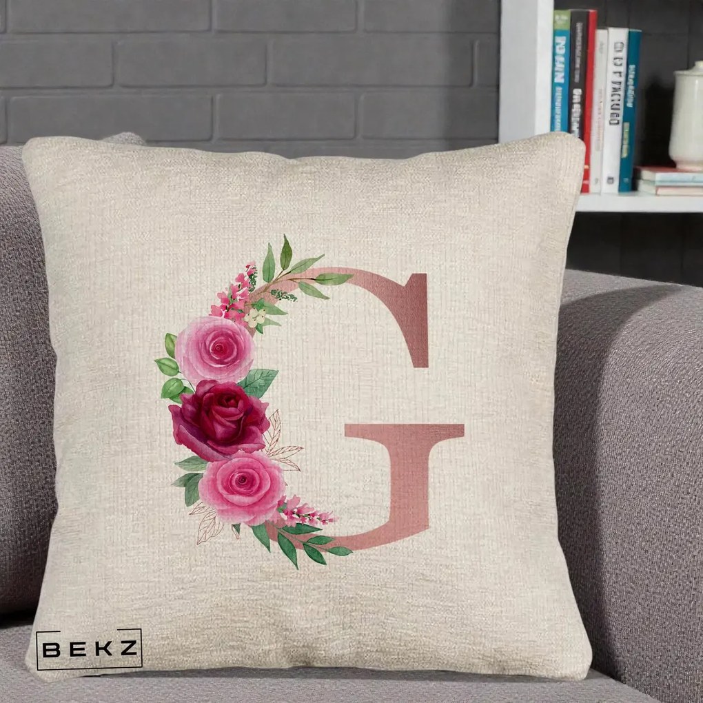 Cadou Personalizat - Perna Personalizata Monograma Rose Gold Litera G, 40x40 cm, Bej Canapea, Husa Detasabila, Perna Inclusa, BEKZ®