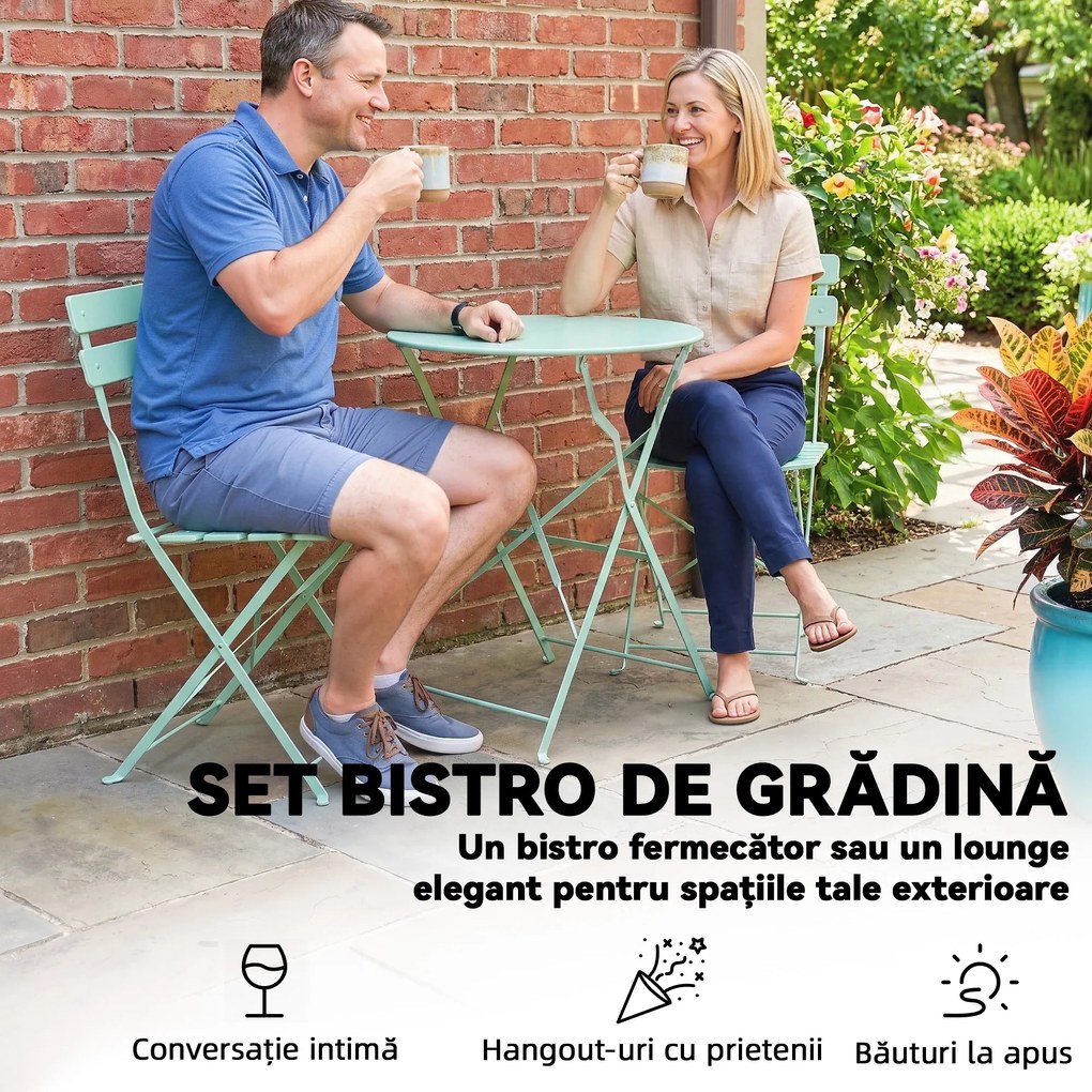 Outsunny Set Grădină Bistro: Masă Rotundă și Scaune Pliabile pentru 2, Verde Deschis. | Aosom Romania