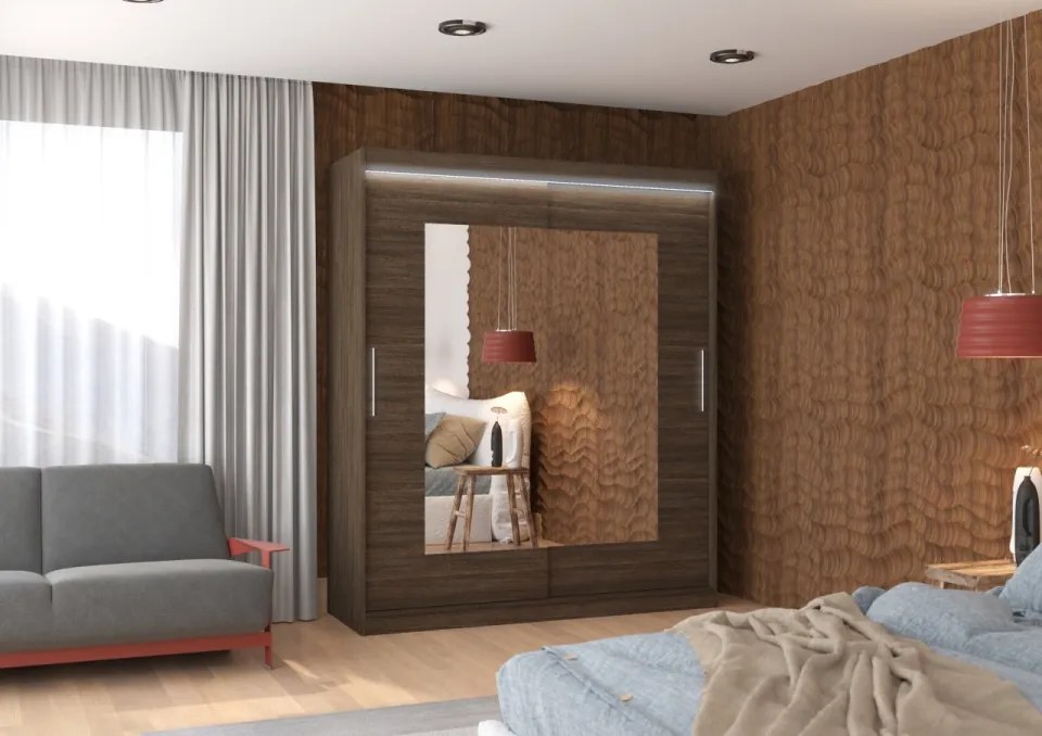 Dulap cu usi glisante si oglinda + iluminare LED, Rosette 180 + LED, 180 cmx200 cmx58 cm, ADRK Furniture (Culoare: Sonoma)