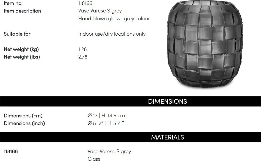 Vas decorativ design LUX realizat manual din sticla Varese S gri