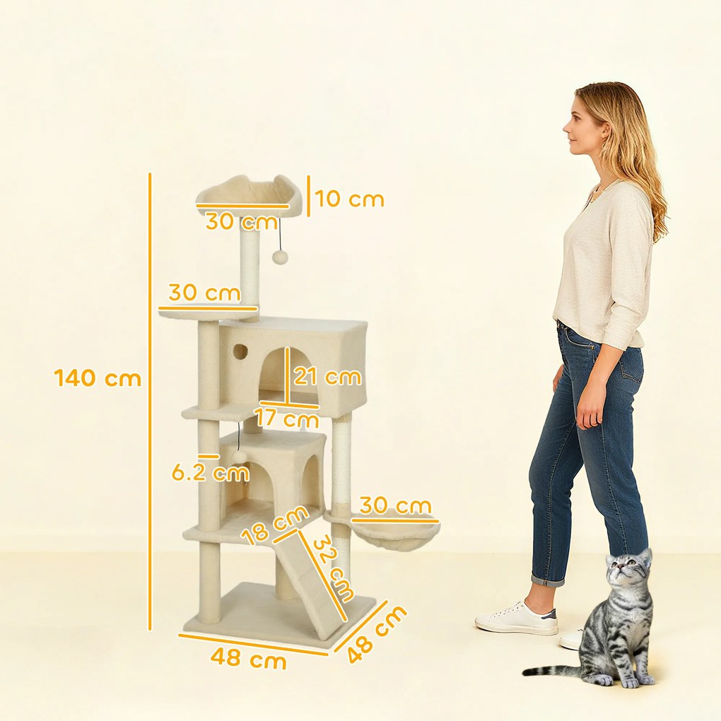 PawHut Copac zgâriat pentru pisici 140 cm cu hamac, 2 cuiburi și stâlpi din sisal — bej | Aosom Romania