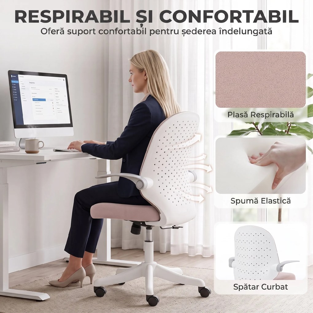 HOMCOM Scaun de Birou Ergonomic cu Brațe Rabatabile și Înălțime Reglabilă, Mesh Respirabil, 60,5x54x99 cm, Roz | Aosom Romania