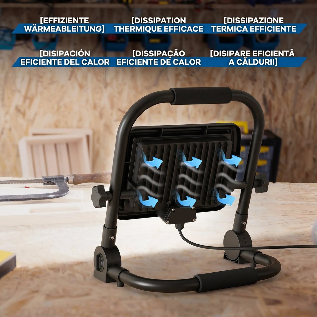 HOMCOM Lampă de Lucru LED, Portabilă și Rezistentă la Intemperii, 25,5x16x25,5 cm, Negru | Aosom Romania