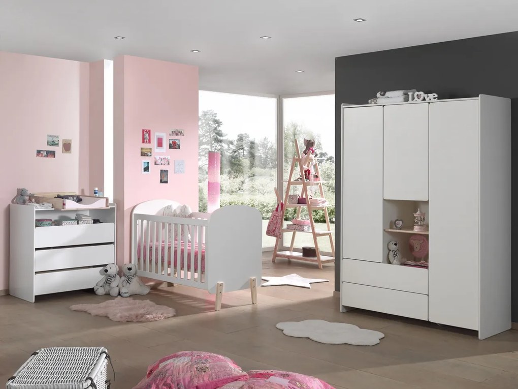 Set Mobilier Kiddy pentru Camera Bebelușului – Pătuț 60x120 cm, Comodă, Placă de Înfășat, Dulap 3 Uși & Bibliotecă – Alb – Vipack