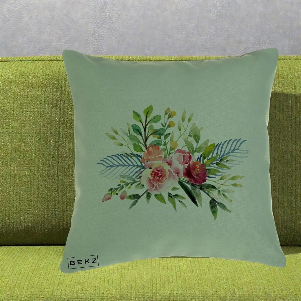 Perna Decorativa Buchet Flori Acuarela Roz-Verde, 40x40 cm, Verde, Husa Detasabila, Perna Inclusa, BEKZ®