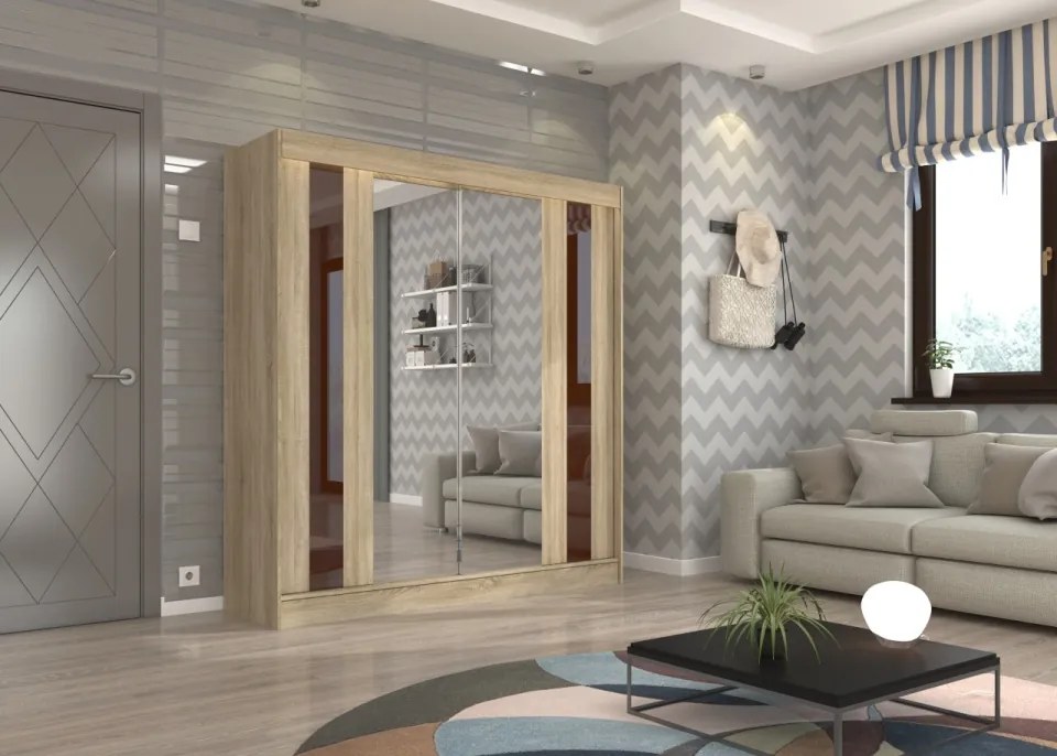 Dulap cu usi glisante si oglinda 200x215 cm, Keita, ADRK Furniture (Culoare: Craft / Negru Lacobel)