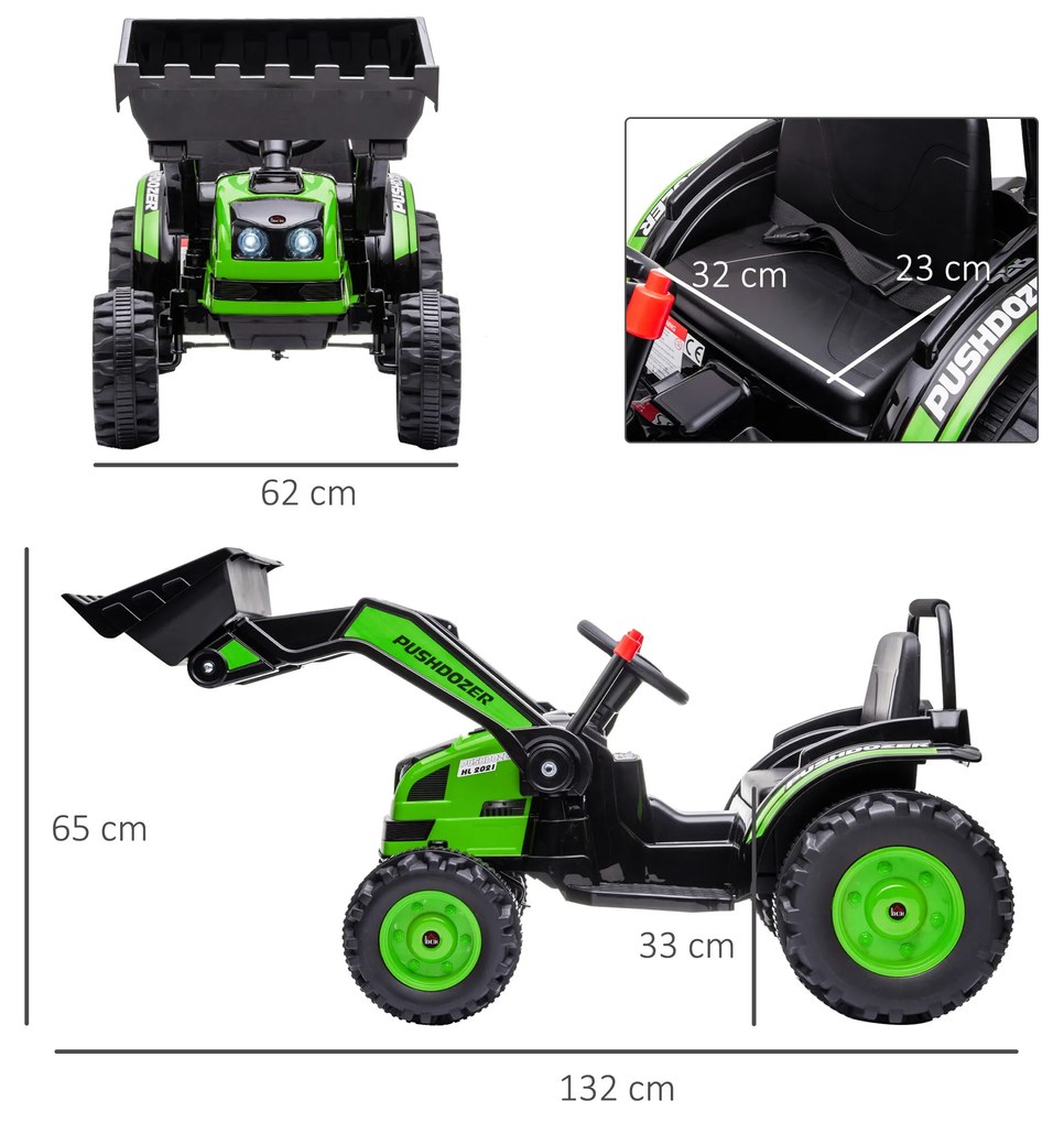 HOMCOM Buldozer Jucarie pentru Copii 3-5 Ani cu Baterie 6V, cu Sunete si Lumini, Viteza 1.5-2.5 km/h, 132x62x65 cm, Verde | Aosom Romania