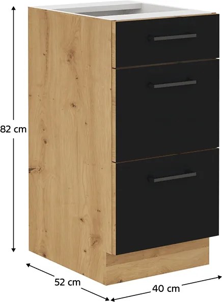 Dulap inferior cu sertare, stejar artizan/ negru mat, MONRO 40 D 3S BB