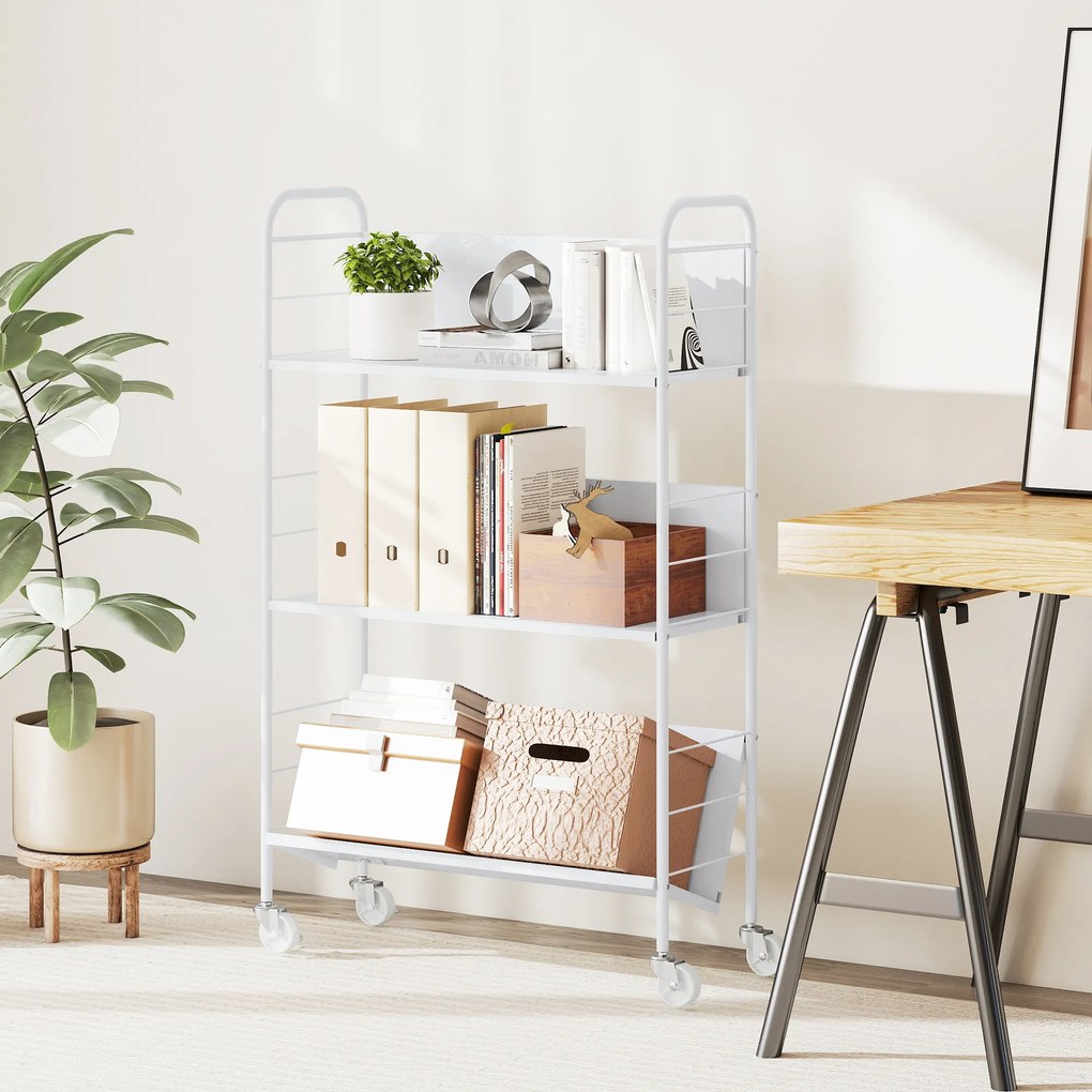 HOMCOM Cărucior Modern pentru Cărți cu 3 Nivele și Roți Pivotante pentru Cărți și Reviste, 69x26x108 cm, Alb | Aosom Romania