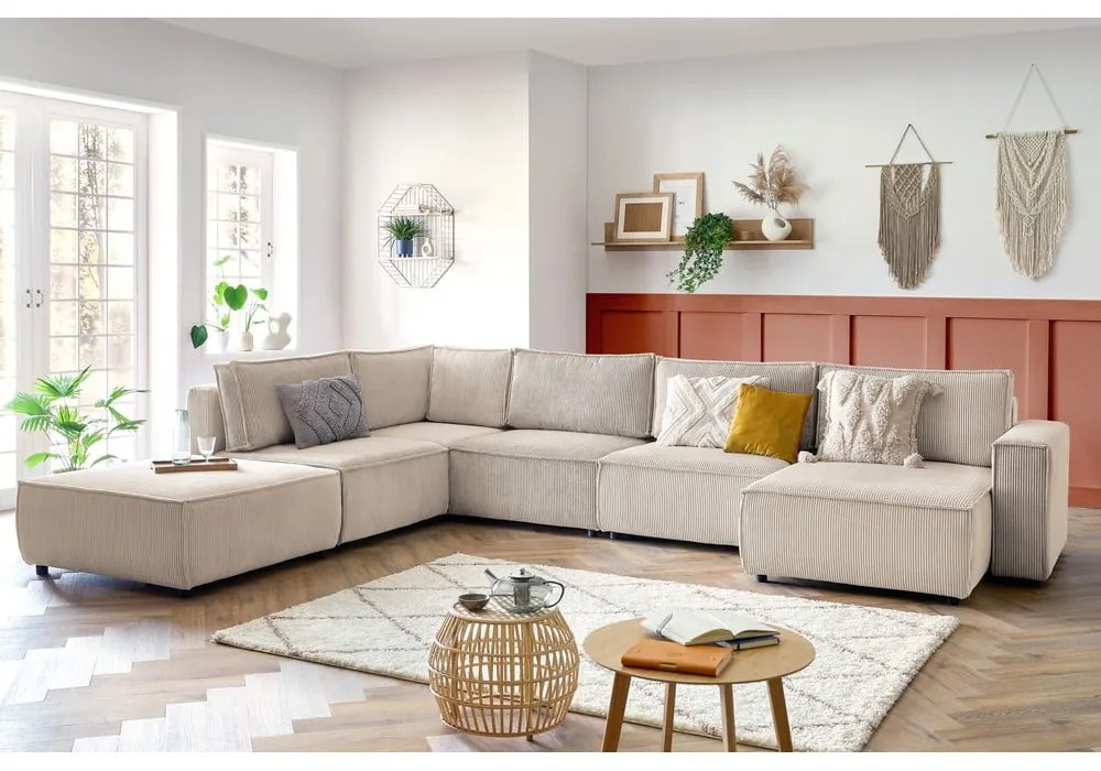 Colțar crem cu tapițerie din catifea reiată (cu colț pe partea stângă /în formă de "U") Nihad modular – Bobochic Paris