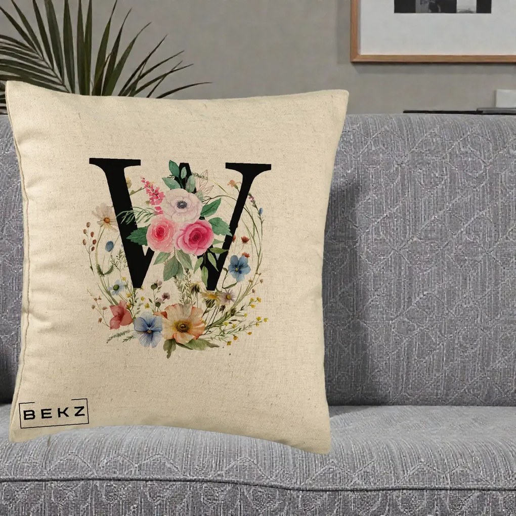 Cadou Personalizat - Perna Personalizata Monograma Florala Litera W, 40x40 cm, Bej, Husa Detasabila, Perna Inclusa, BEKZ®