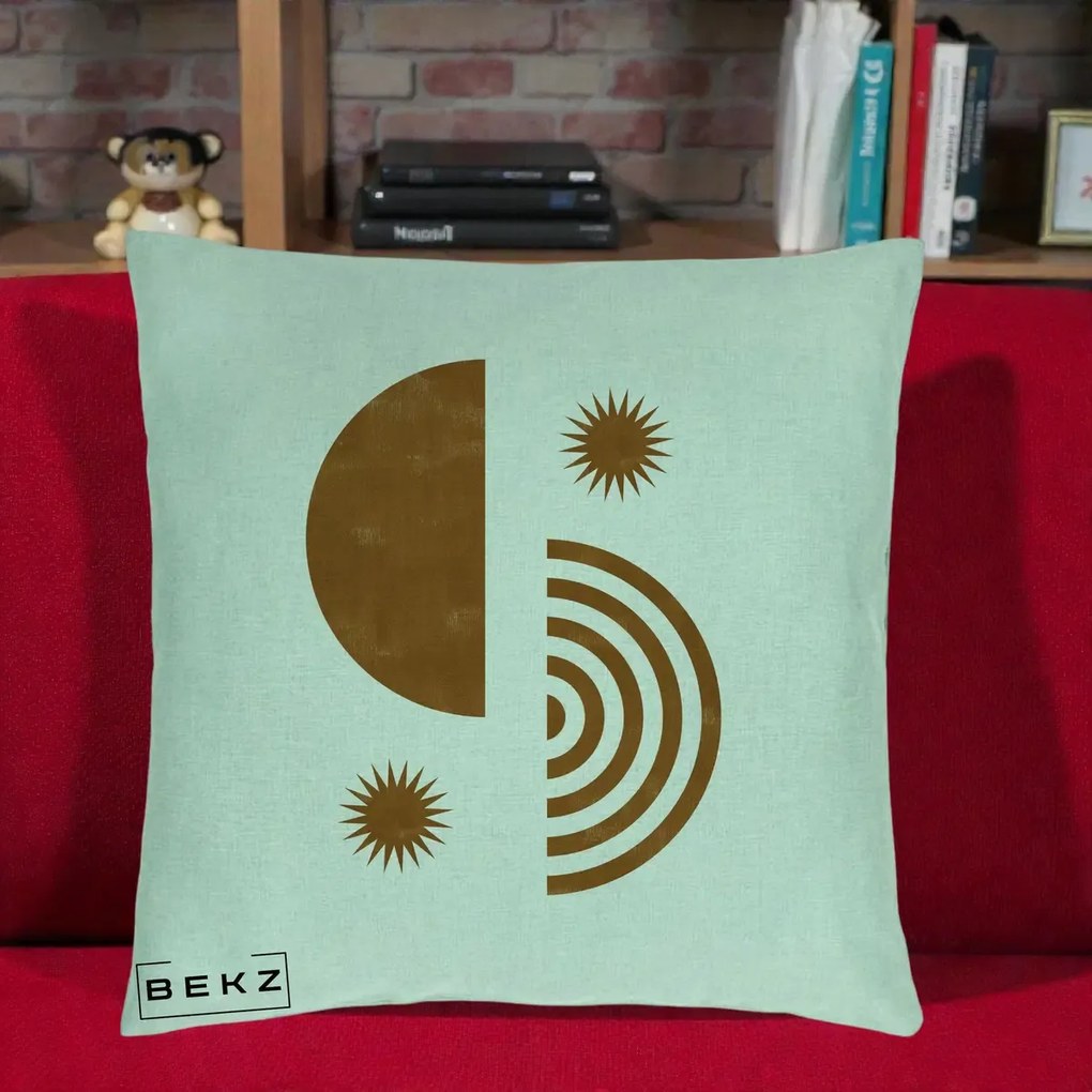 Perna Decorativa Boho Sun si Spirala, 40x40 cm, Verde Menta, Husa Detasabila, Perna Inclusa, BEKZ®