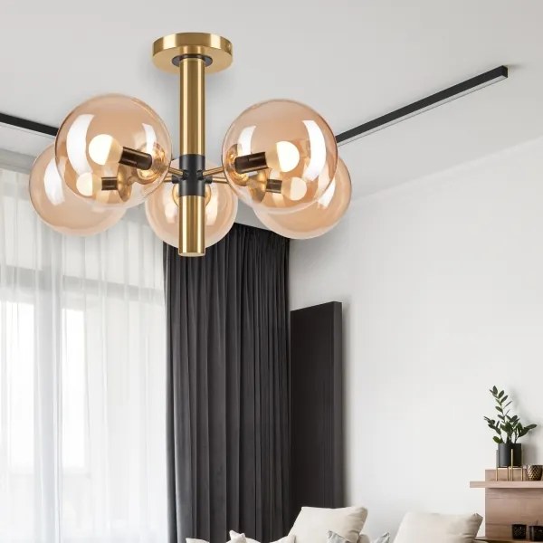 Lustră pe tijă ROLLO 5xE14/5W/230V auriu/bej fumuriu