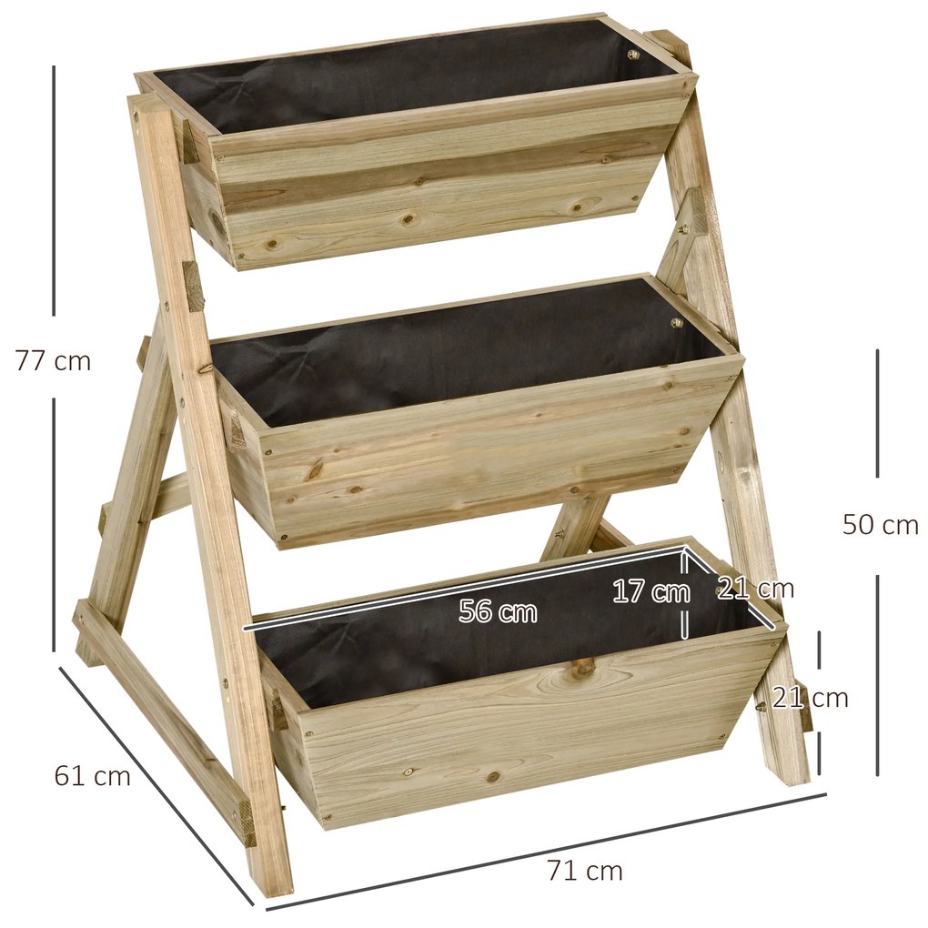 Outsunny Jardiniera de Gradina cu 3 Niveluri cu Pasla de Drenaj Geotextil, Jardiniera din Lemn de Brad 71x61x77cm Lemn natur | Aosom Romania