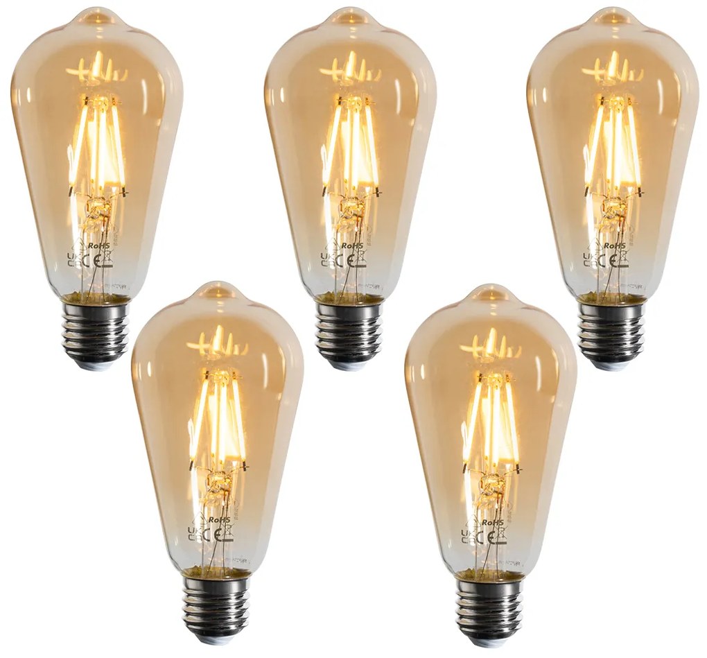 Set de 5 becuri LED cu filament E27, dimabile, ST64 Aurii 4.5W 450 lm 2200K