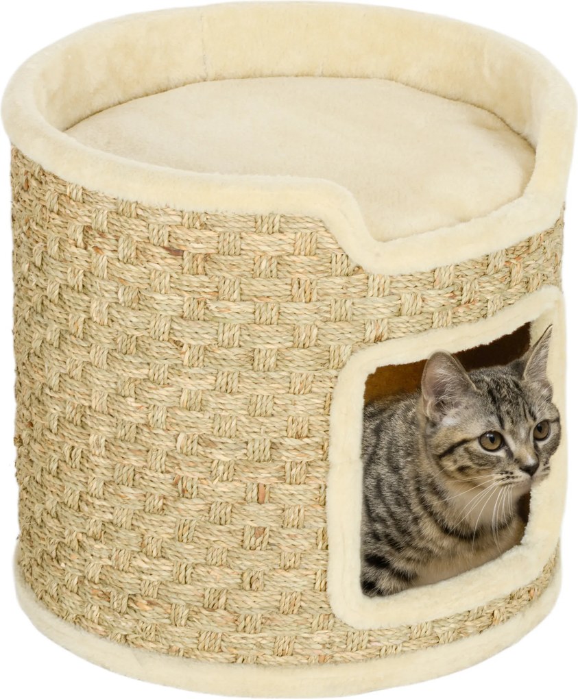 PawHut Ansamblu de Zgâriat pentru Pisici, 37 cm, 2 Niveluri, cu Ascunzătoare și Sfoară din Sisal, până la 5 kg, Kaki | Aosom Romania