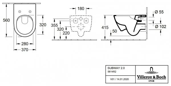 Set vas WC rimless suspendat, Villeroy&amp;Boch Subway 2.0, DirectFlush, cu capac inchidere lenta, 37x56cm, Alb Alpin, 5614R201