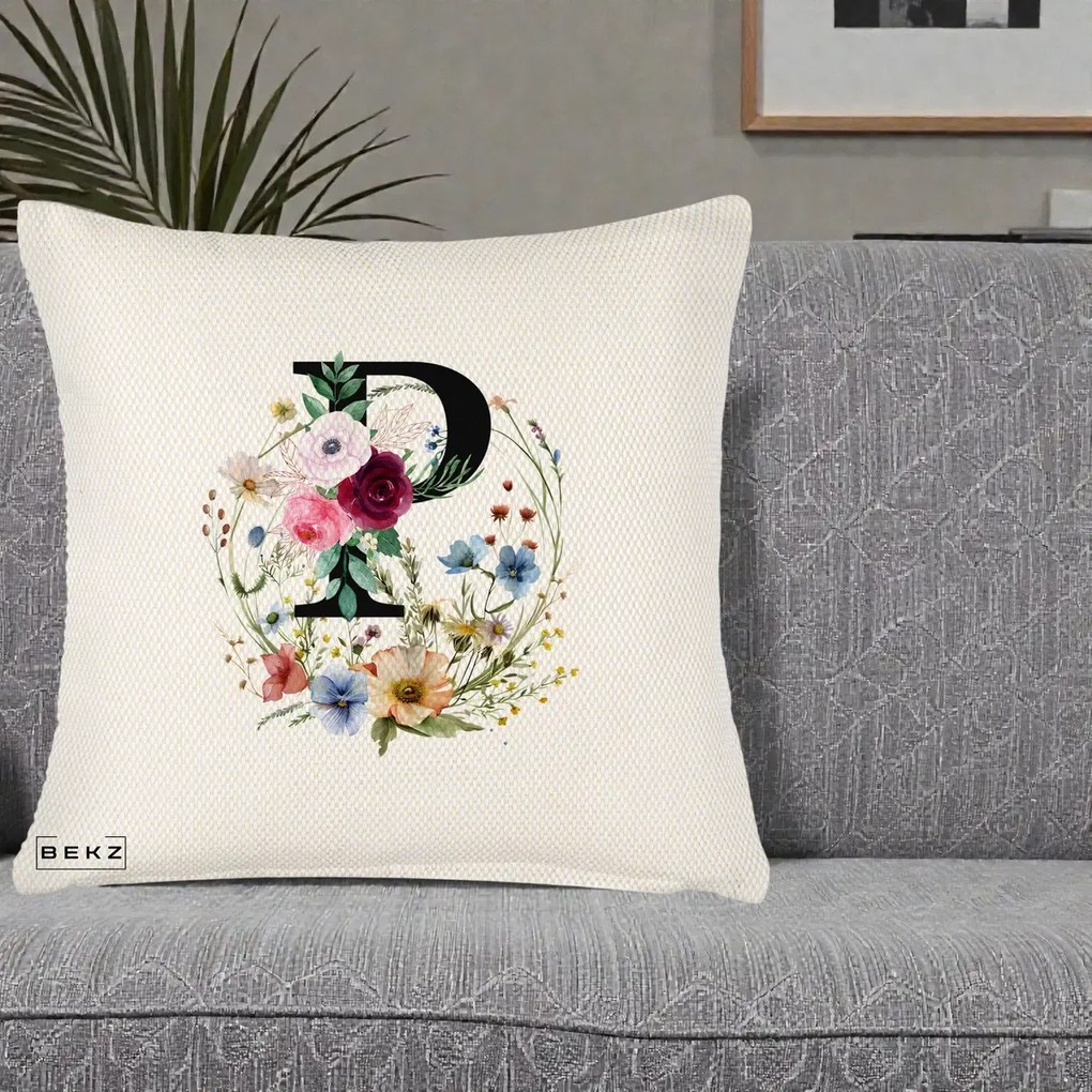 Cadou Personalizat - Perna Personalizata Monogram Litera P cu Flori Acuarela, 40x40 cm, Crem Reliefat, Husa Detasabila, Perna Inclusa, BEKZ®