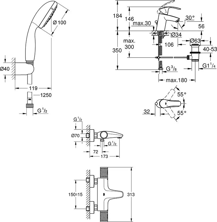 Pachet baterii baie cada,termostat Grohe Grohtherm 1000 Performance ,set dus porter, baterie lavoar Eurosmart S (34830000 ,33265002,27799001)