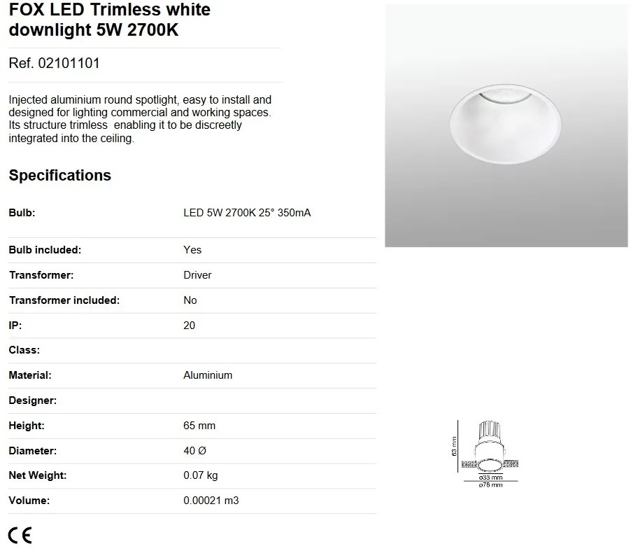 Spot LED dimabil / incastrabil tavan / plafon FOX TRIMLESS alb 5W