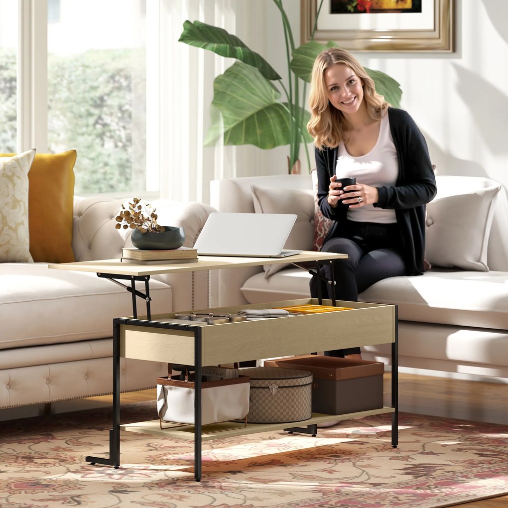 HOMCOM Masă de cafea cu blat extensibil, masă de cafea cu compartiment ascuns și raft deschis, 95x40x59cm, lemn natural | Aosom Romania