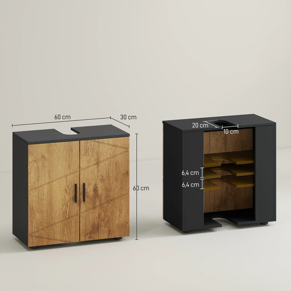 kleankin Mobilier sub vas lavabo mobilier de baie 2 usi cu raft 60 x 30 x 60 cm antracit si aspect lemn | Aosom Romania