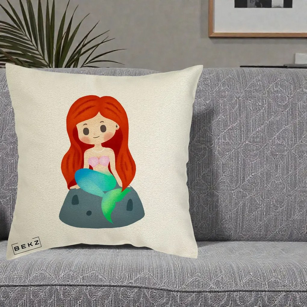 Perna Personalizata Sirena Kawaii Roscat, 40x40 cm, Ecru, Husa Detasabila, Perna Inclusa, BEKZ®