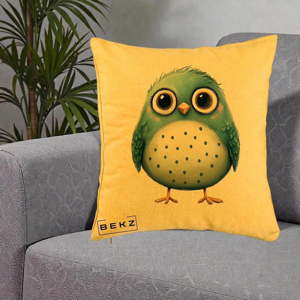 Perna Decorativa Pasare Teal cu Buline Teal, 40x40 cm, Galben, Husa Detasabila, Perna Inclusa, BEKZ®