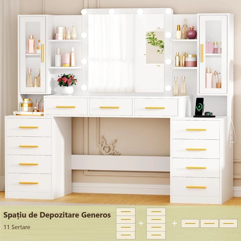 Set Masa toaleta alba 160 cm, cu Priza si USB, cosmetica, machiaj, oglinda cu LED, masuta vanity cu Blat de Sticla, make-up - SEA437