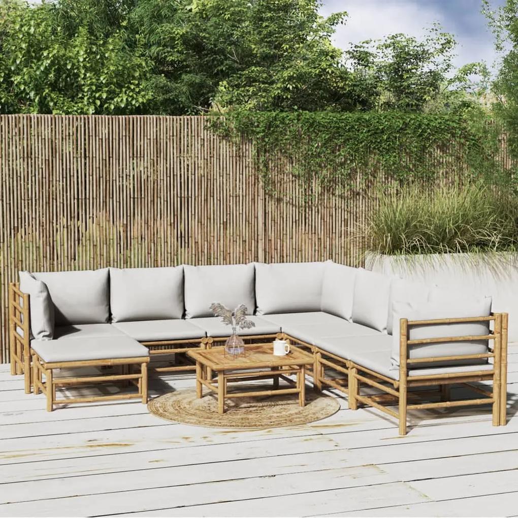 3155100 vidaXL Set mobilier de grădină cu perne gri deschis, 9 piese, bambus