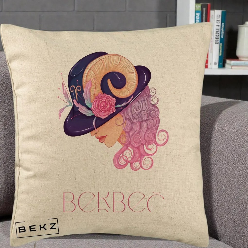 Perna Personalizata Zodie Berbec, 40x40 cm, Bej, Husa Detasabila, Perna Inclusa, BEKZ®