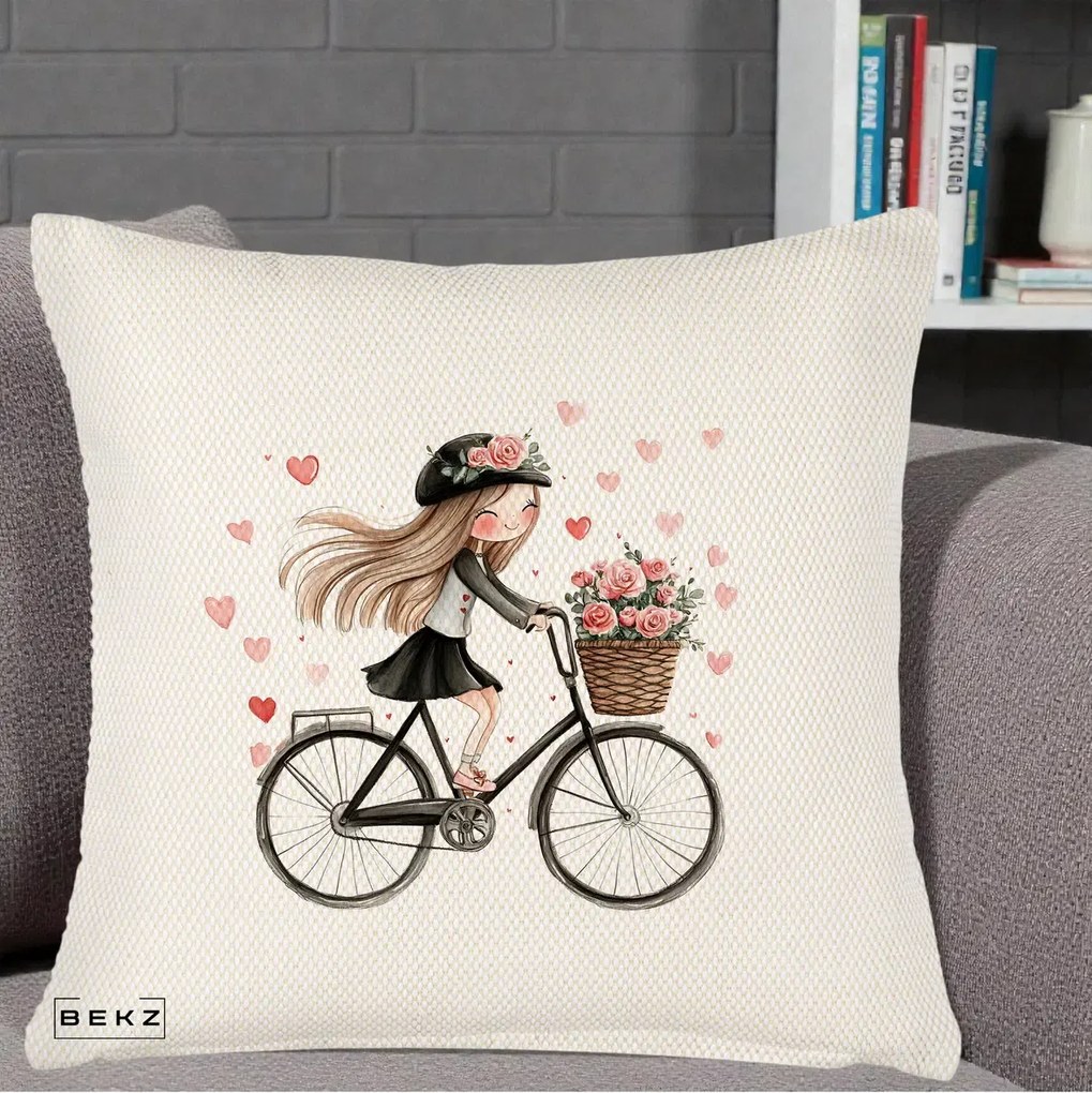 Perna Decorativa Fetita Kawaii pe Bicicleta cu Trandafiri si Inimioare, 40x40 cm, Crem Reliefat, Husa Detasabila, Perna Inclusa, BEKZ®