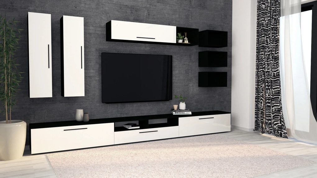 Living haaus Haga V5, Alb Lucios/Negru, MDF,L 360 cm