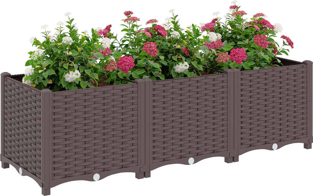 Outsunny Jardinieră înălțată, pat de grădină din plastic cu auto-udare și orificii de scurgere cu dopuri, 120x40x37cm, maro | Aosom Romania