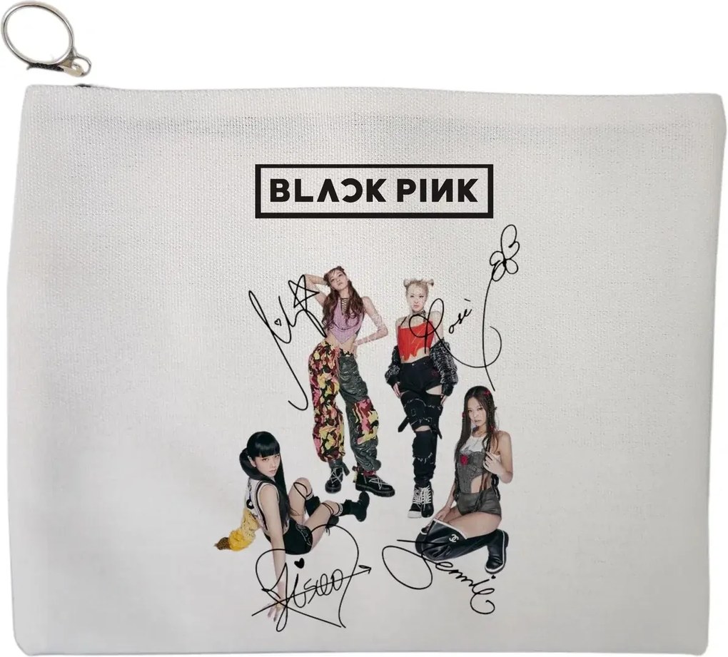 Portfard Cosmetice tip Plic, model Blackpink 6 cu semnaturii, 23x18 cm, Alb, BEKZ®