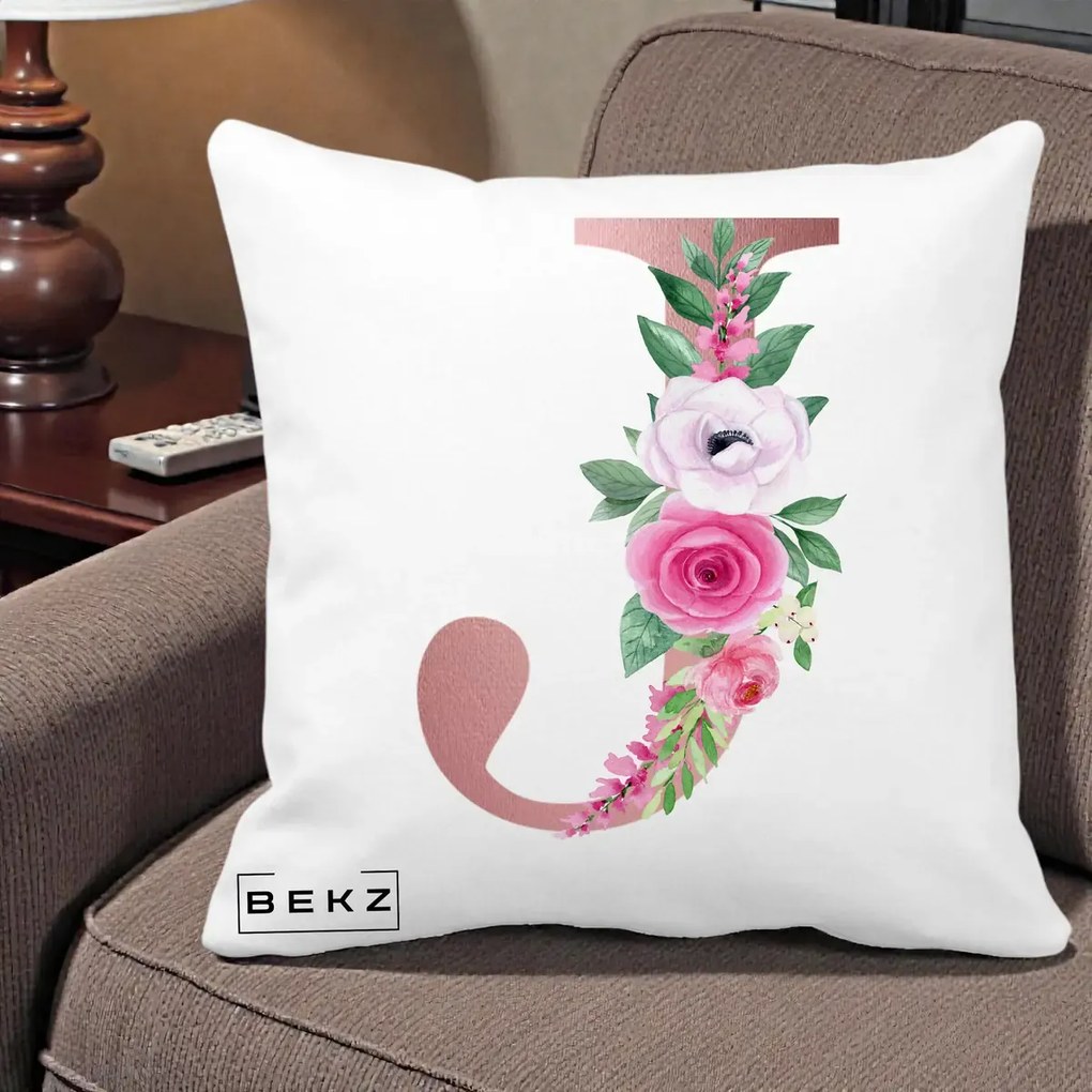Cadou Personalizat - Perna Personalizata Monograma Rose Gold Litera J, 40x40 cm, Alba Mata, Husa Detasabila, Perna Inclusa, BEKZ®