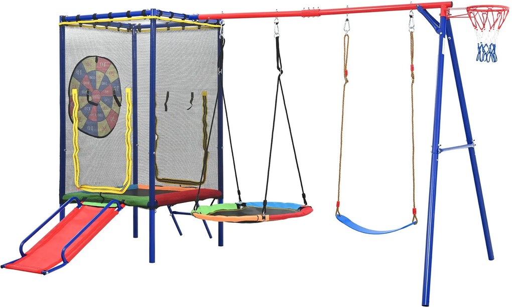 5-în-1 loc de joacă exterior pentru copii, trambulină cu plasă de siguranță și fermoar, pentru copii 3–8 ani, 336x217x198 cm, Multicolor