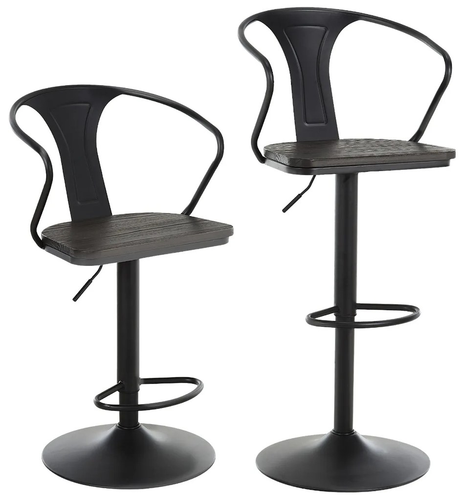 HOMCOM Set de 2 Scaune de Bar Moderne Scaun Pivotant Spatar Reglabil pe Inaltime din Lemn Metal 5 Roti Pivotante Robuste Negru