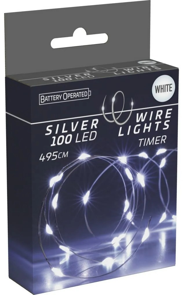 Sârmă luminoasă cu temporizator Silverlights 100 LED, alb rece, 495 cm