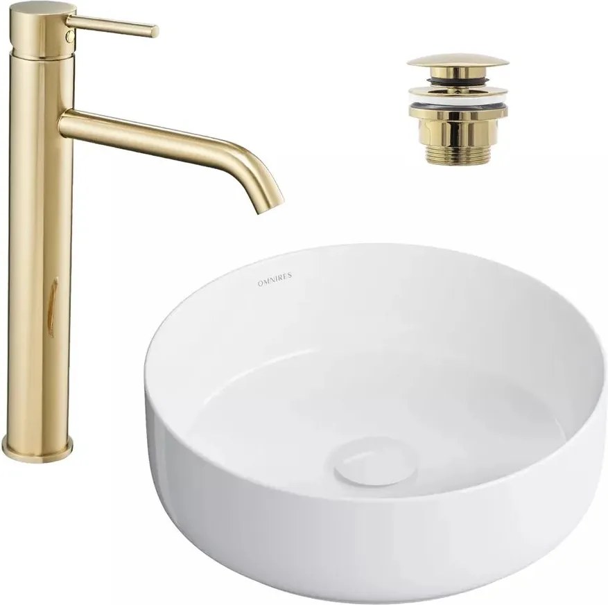 Pachet lavoar pe blat Omnires Tulsa alb 36 cm, baterie lavoar Rea Lungo auriu si ventil lavoar Click-Clack auriu