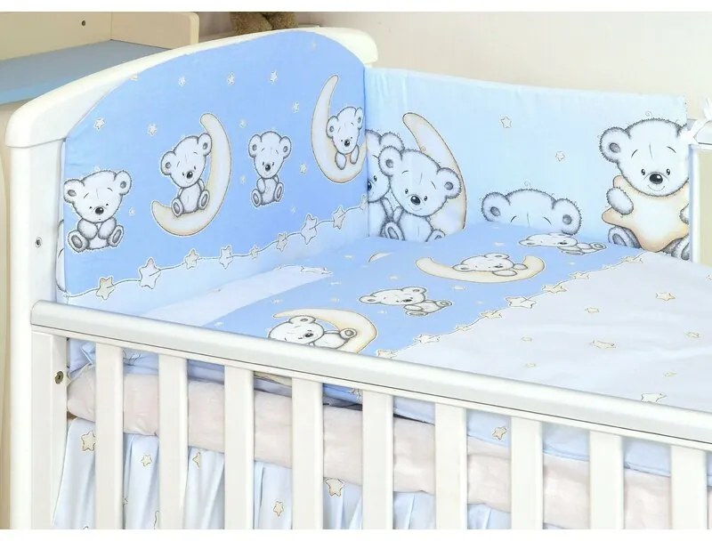 Set lenjerie din bumbac cu protectie laterala pentru pat bebe 120 x 60 cm, Ursulet pe luna Albastru, Amy