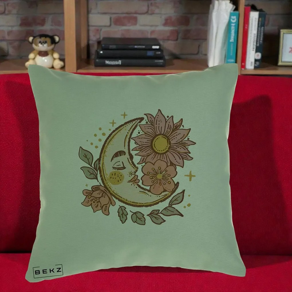 Perna Personalizata Luna Boho Chip Floral, 40x40 cm, Verde, Husa Detasabila, Perna Inclusa, BEKZ®